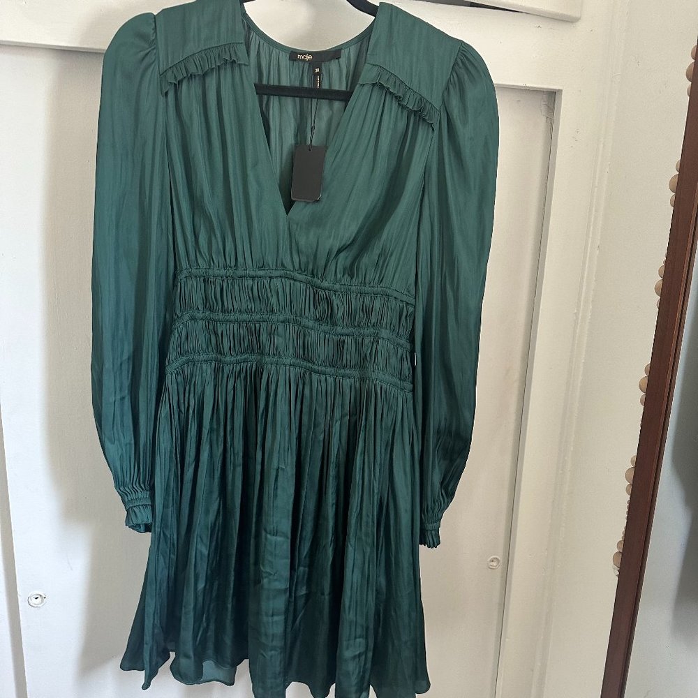 Maje Emerald Green V-Neck Pleated Mini Dress - Picture 4 of 12
